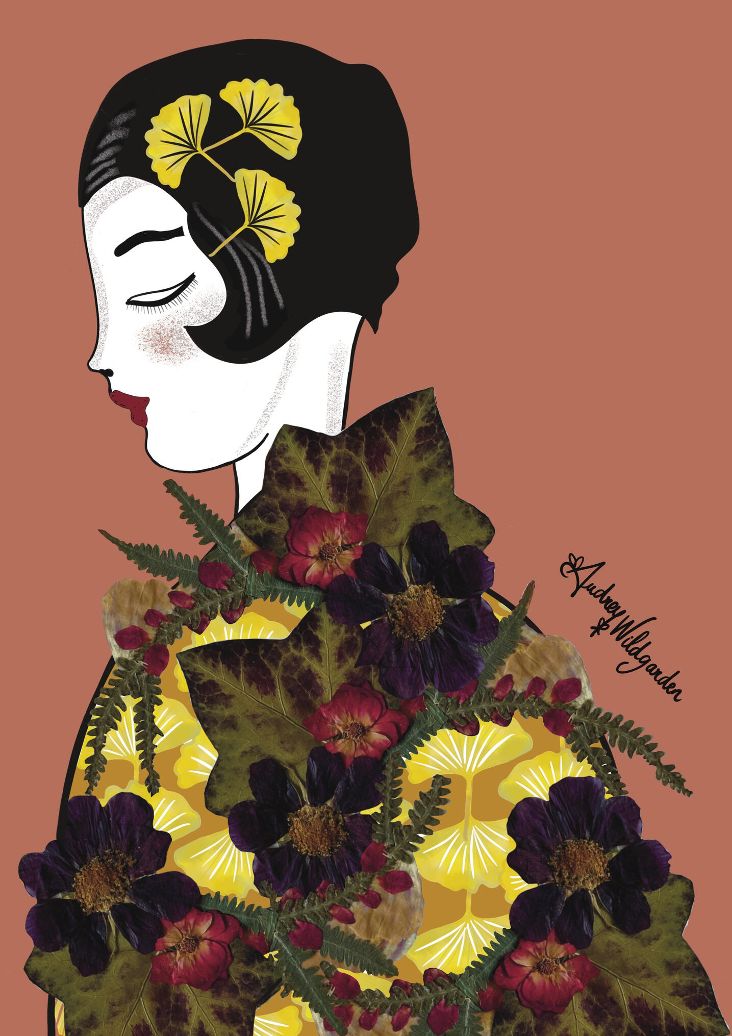 Audrey WildGarden Gingko Tree Woman Botanical Art Print – Floral Fashion Woman Illustration – Oshibana Art