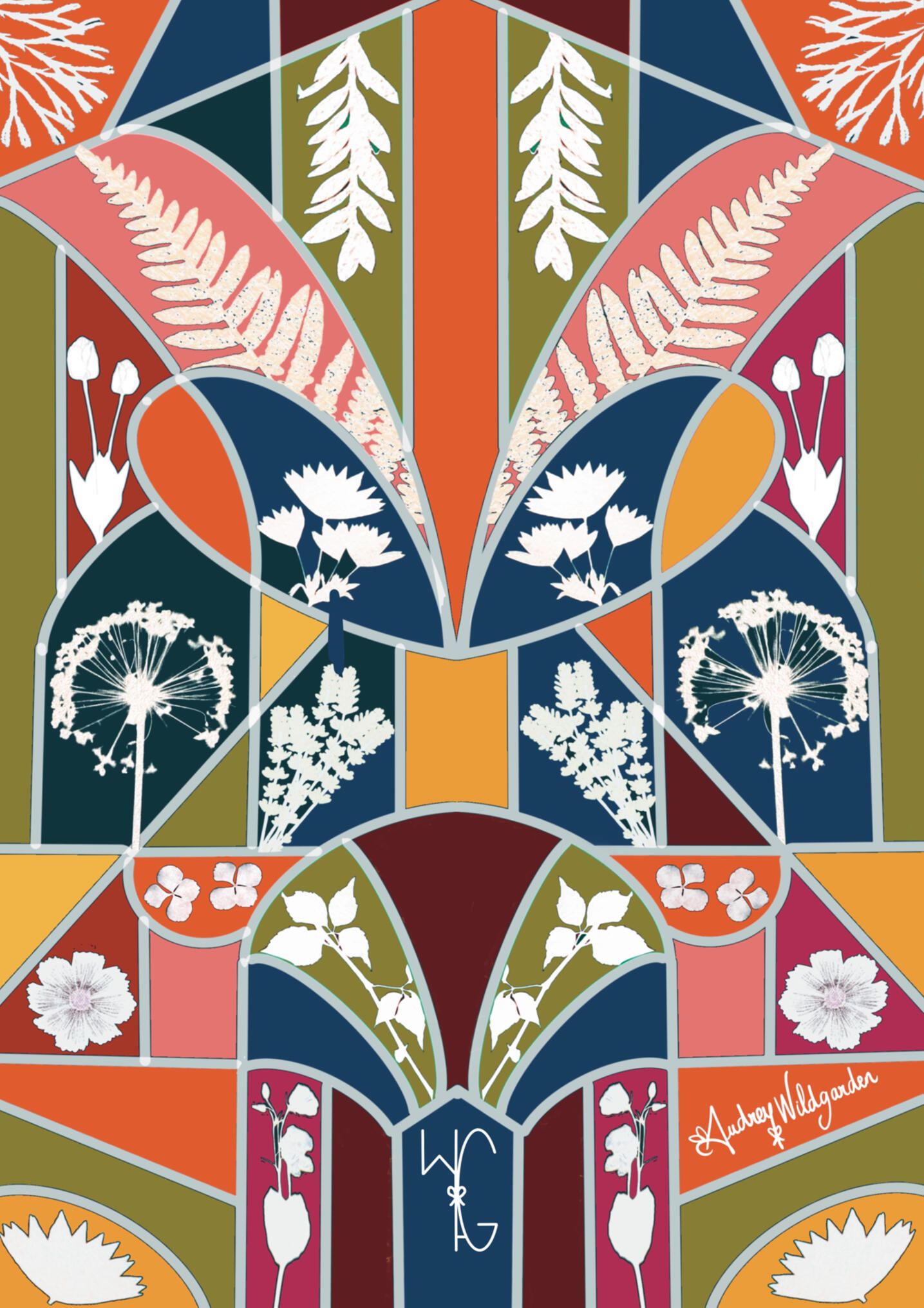 Audrey WildGarden - Wallpaper Pattern Botanical Art Print – Stainglass Oshibana Art and Cyanotype