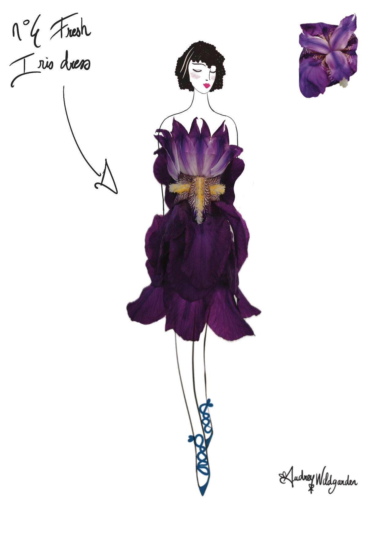 Audrey WildGarden Fashion Fresh Iris Flower Woman – Floral Illustration and fresh flowers