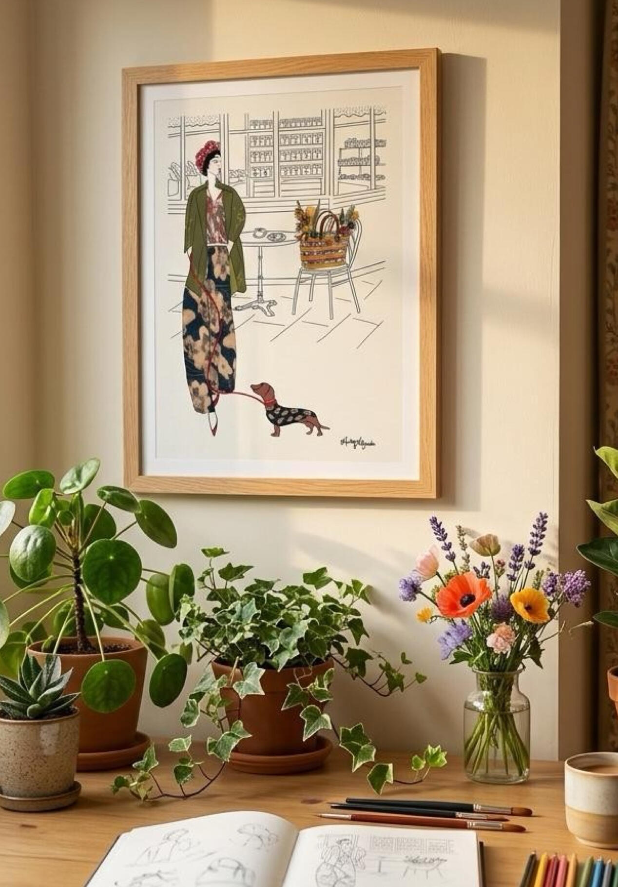 Audrey WildGarden Feminine Botanical Art Print – Paris Fashion Woman with a dog Illustration – Oshibana Art and Cyanotype Wall Art