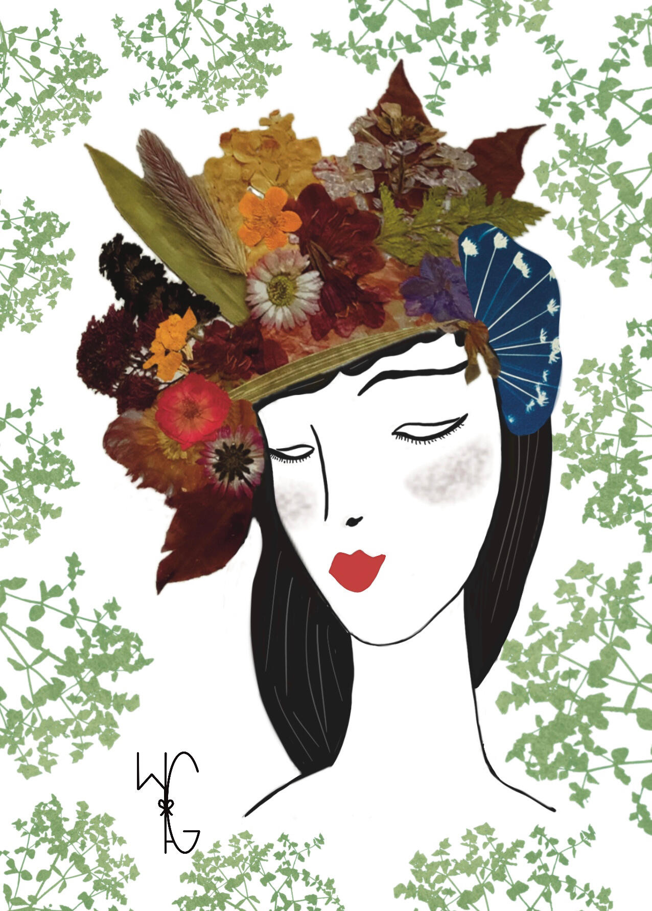 Audrey WildGarden Fashion Flower Woman with Hat – Floral Illustration, Cyanotype &amp; Oshibana Art, Floral Couture