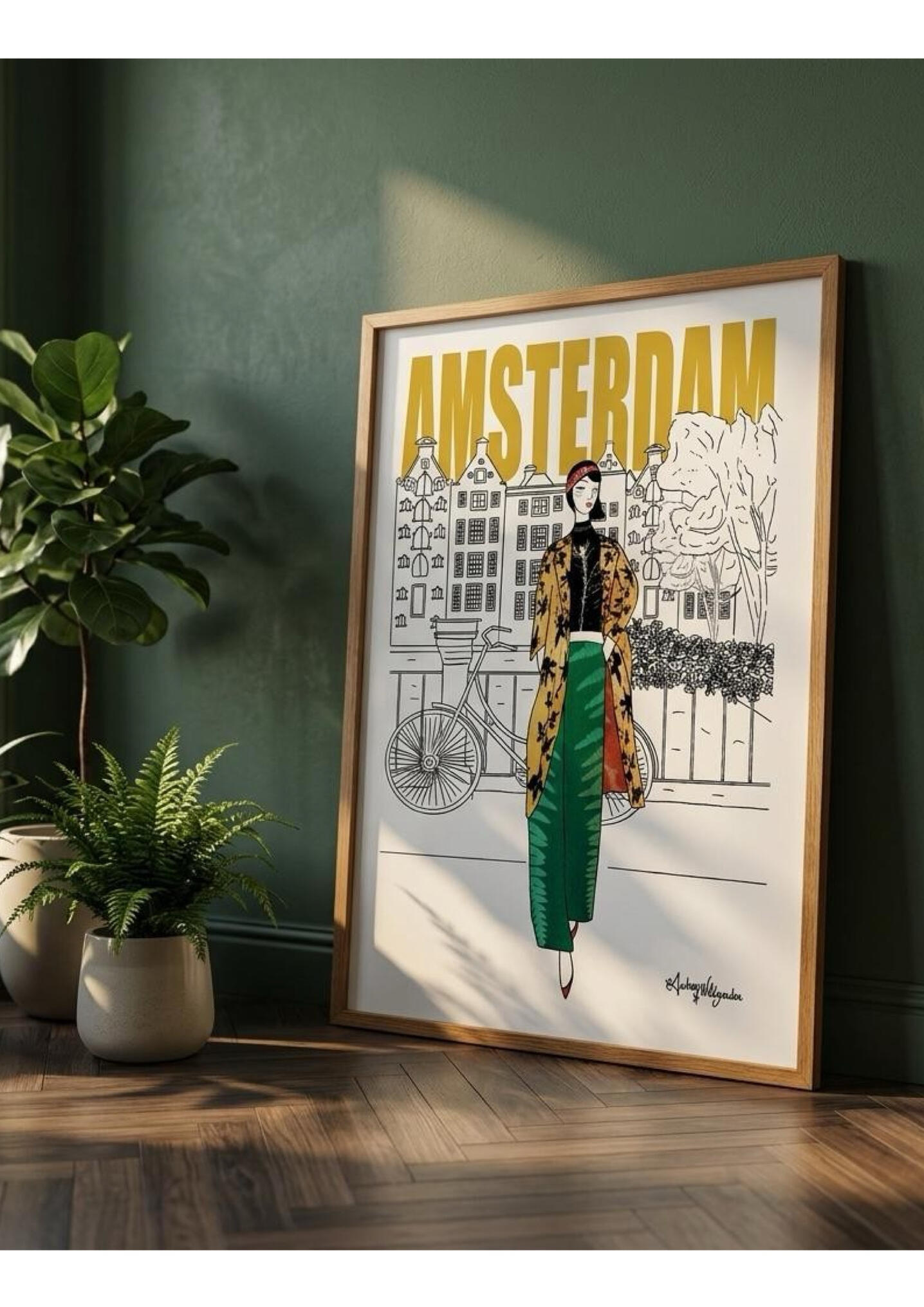 Audrey WildGarden Amsterdam Feminine Art Print – Cyanotype &amp; Botanical Mixed Media – Elegant Woman Oshibana Art and Cyanotype Wall Art